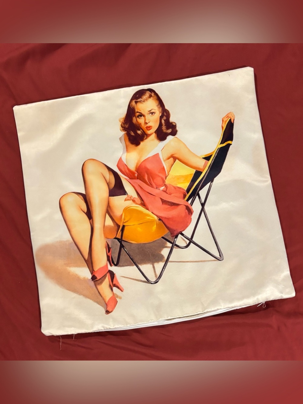 Vintage Pin-Up Print Satin Bag pillow cover - Pink, Yellow
